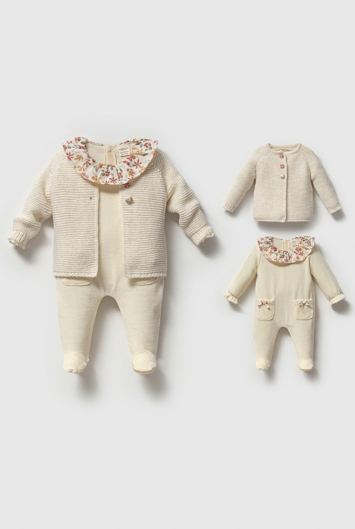 8370N KIZ 3-6-9-12 AY BAHAR DESENLİ 2Lİ TAKIM KREM