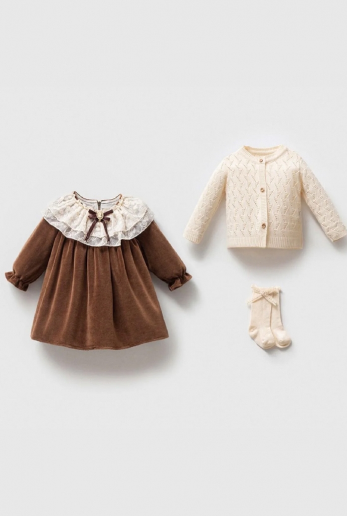 9304NY KIZ 3-6 AY TRİKO HIRKA KADİFE ELBİSE TAKIM KREM KAHVE