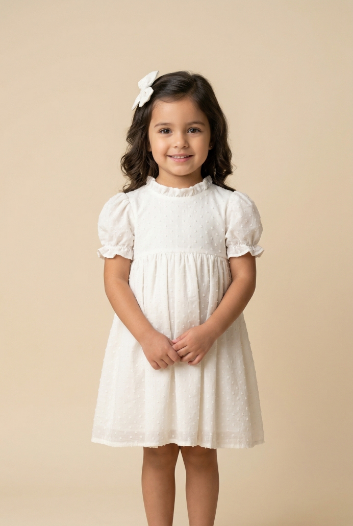 Hayal Beyaz Puantiye Desen Kız Elbise ve Tokası