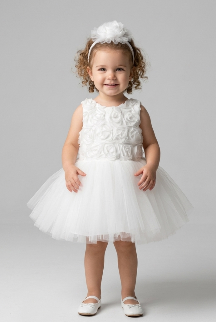 Billur Beyaz Gül Beden Kolsuz Çocuk Elbisesi ve Tokası