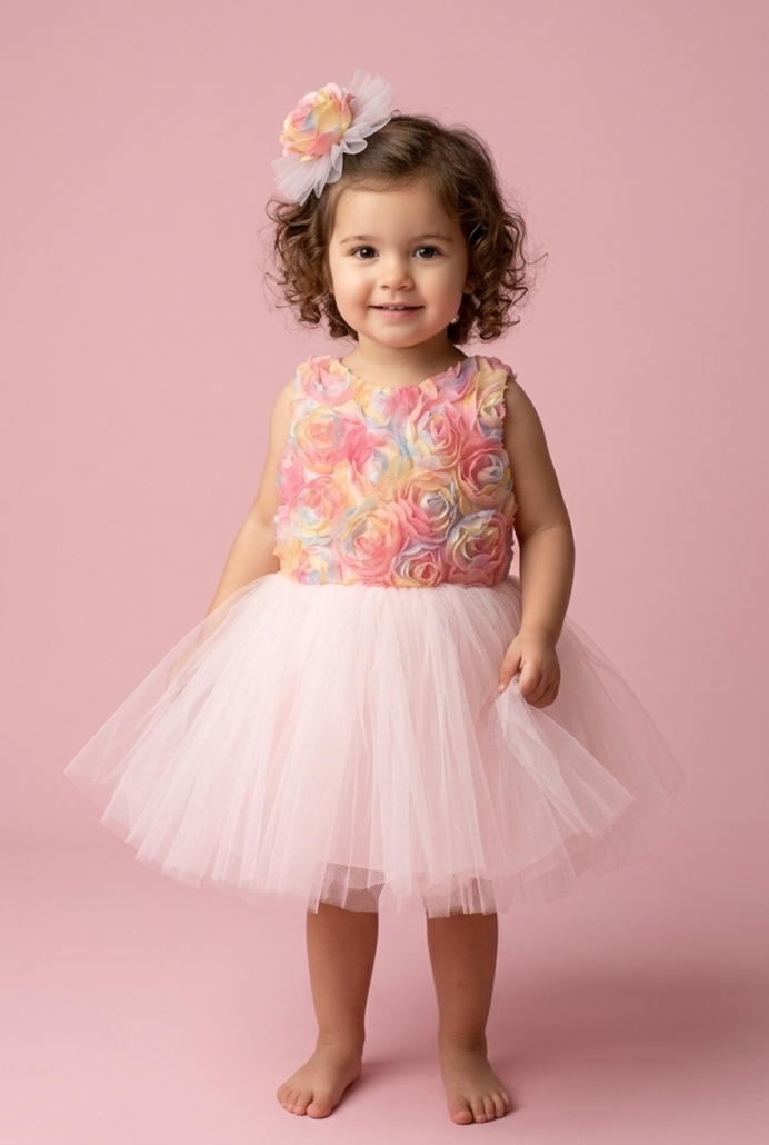 Billur Pembe Gül Beden Kolsuz Çocuk Elbisesi ve Tokası