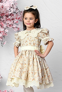 Elif 5-10 Yaş Krem Çiçekli Fisto Yaka Çocuk Elbisesi Ve Saç Tokası