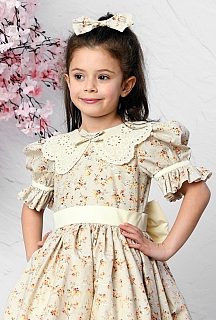 Elif 5-10 Yaş Krem Çiçekli Fisto Yaka Çocuk Elbisesi Ve Saç Tokası