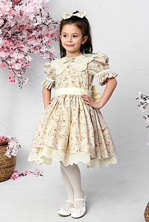 Elif 5-10 Yaş Krem Çiçekli Fisto Yaka Çocuk Elbisesi Ve Saç Tokası