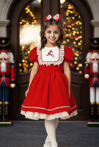 JBK ELİS KIRMIZI KUŞ NAKIŞLI DANTEL DETAY ÇOCUK ELBİSESİ VE SAÇ TOKASI