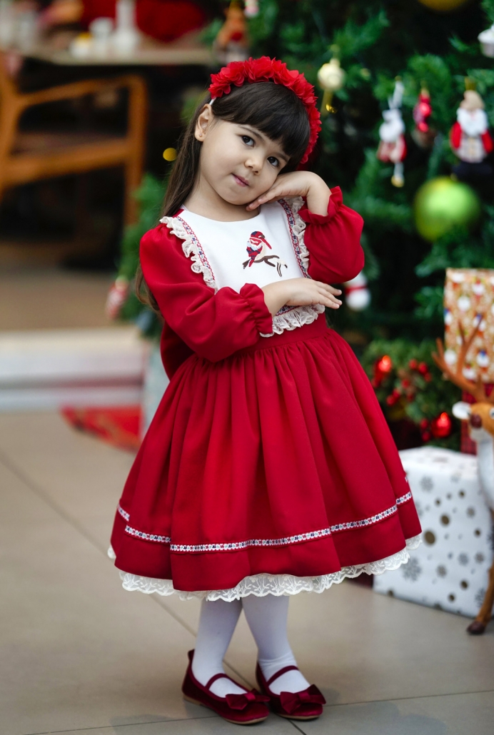 ELİS UZUN KOL KIRMIZI KUŞ NAKIŞLI DANTEL DETAY ÇOCUK ELBİSESİ VE SAÇ TOKASI