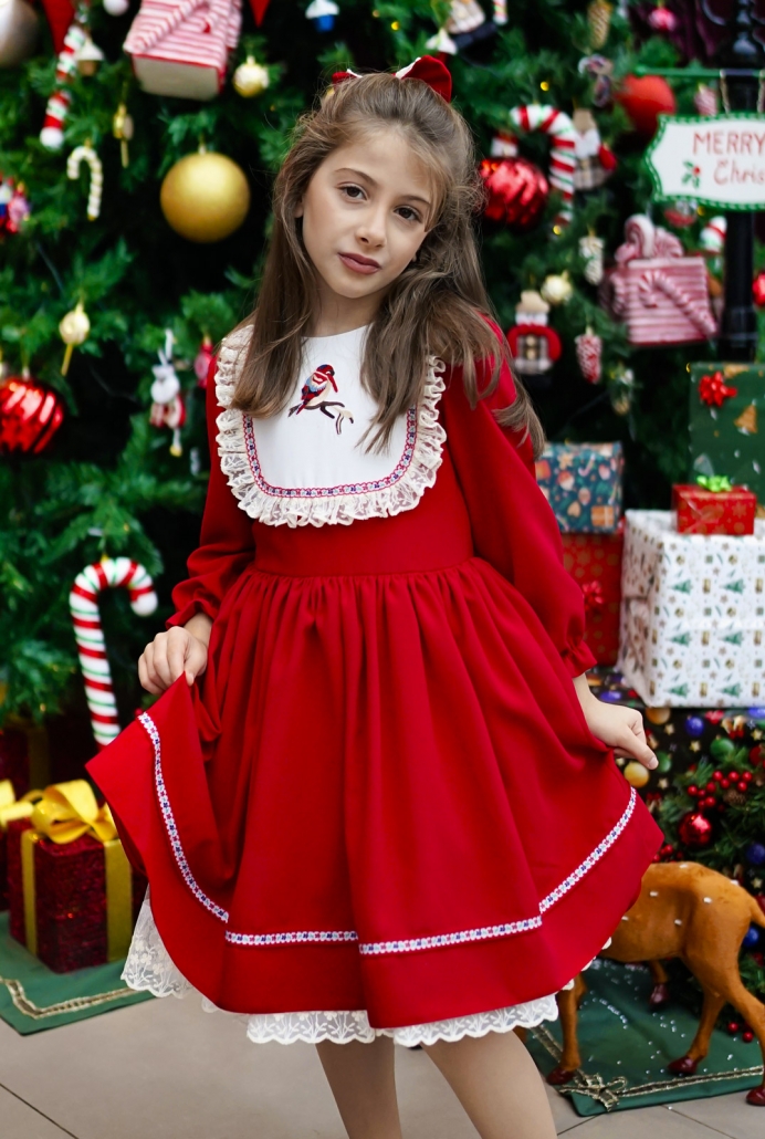 ELİS UZUN KOL KIRMIZI KUŞ NAKIŞLI DANTEL DETAY ÇOCUK ELBİSESİ VE SAÇ TOKASI
