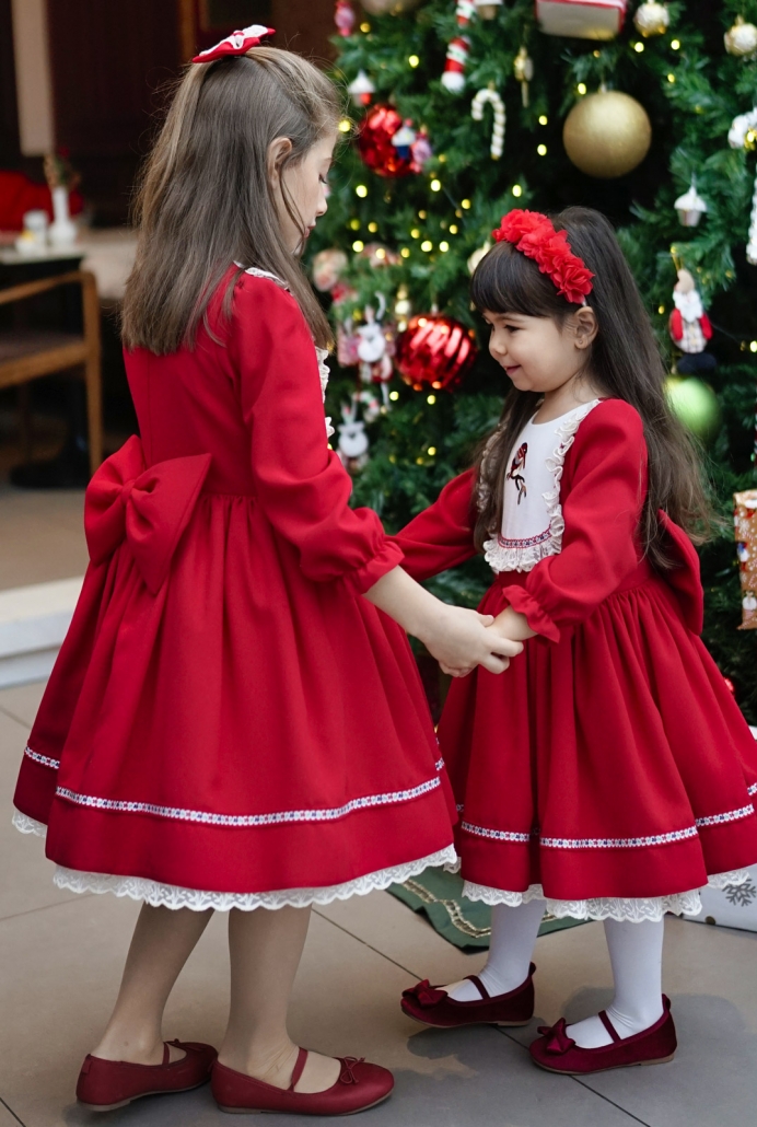 ELİS UZUN KOL KIRMIZI KUŞ NAKIŞLI DANTEL DETAY ÇOCUK ELBİSESİ VE SAÇ TOKASI