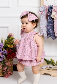 JBK EMEL PEMBE ÇİÇEK DESEN BEBEK ŞORT ELBİSE VE SAÇ BANDI 3 LÜ TAKIM