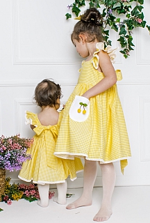 Funda 1-4 Yaş Sarı Kirazlı Sırt Bağlamalı Pötikare Çocuk Elbisesi