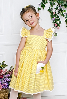 Funda 1-4 Yaş Sarı Kirazlı Sırt Bağlamalı Pötikare Çocuk Elbisesi