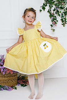 Funda 5-10 Yaş Sarı Kirazlı Sırt Bağlamalı Pötikare Çocuk Elbisesi