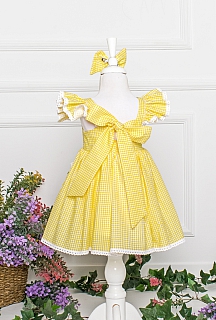 Funda 5-10 Yaş Sarı Kirazlı Sırt Bağlamalı Pötikare Çocuk Elbisesi