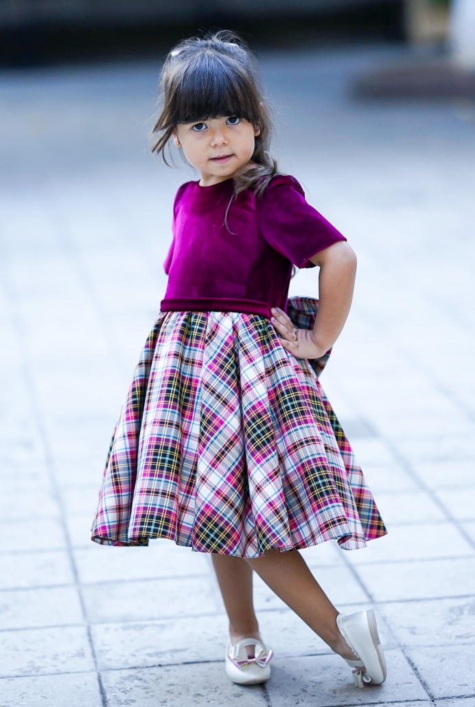 Fuşya Kadife Beden Ekose Etek Çocuk Elbisesi ve Tokası