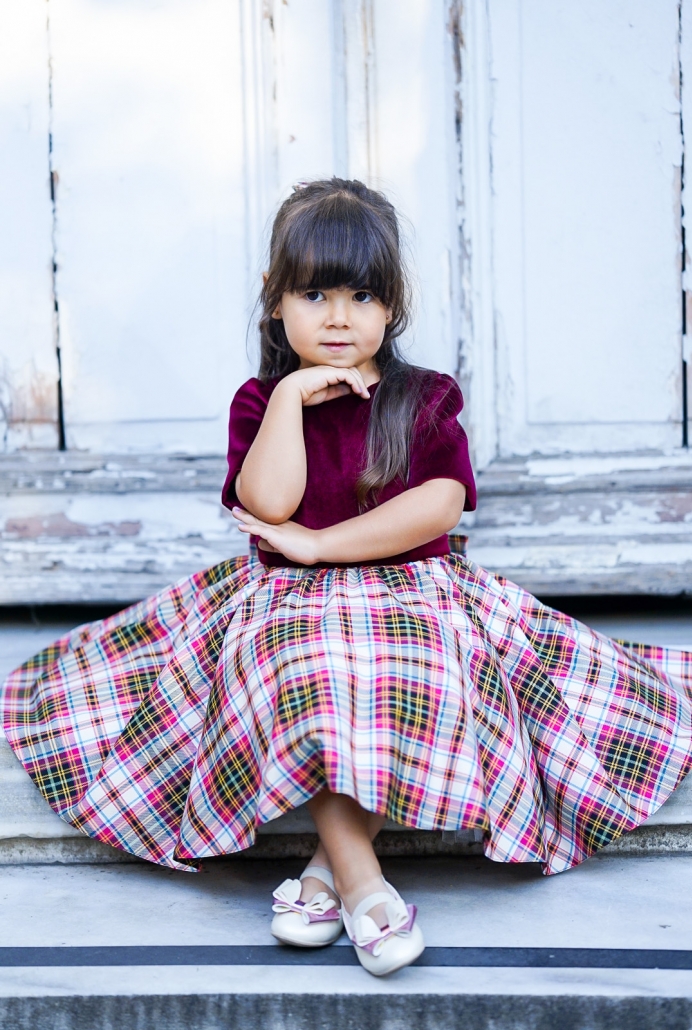 Fuşya Kadife Beden Ekose Etek Çocuk Elbisesi ve Tokası