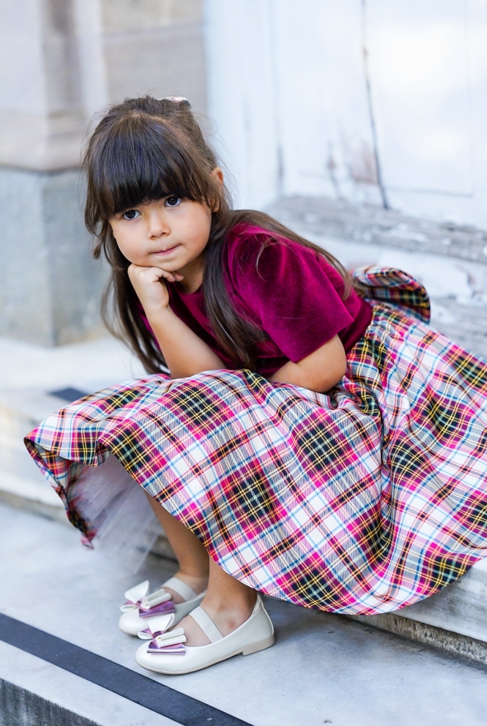 Fuşya Kadife Beden Ekose Etek Çocuk Elbisesi ve Tokası