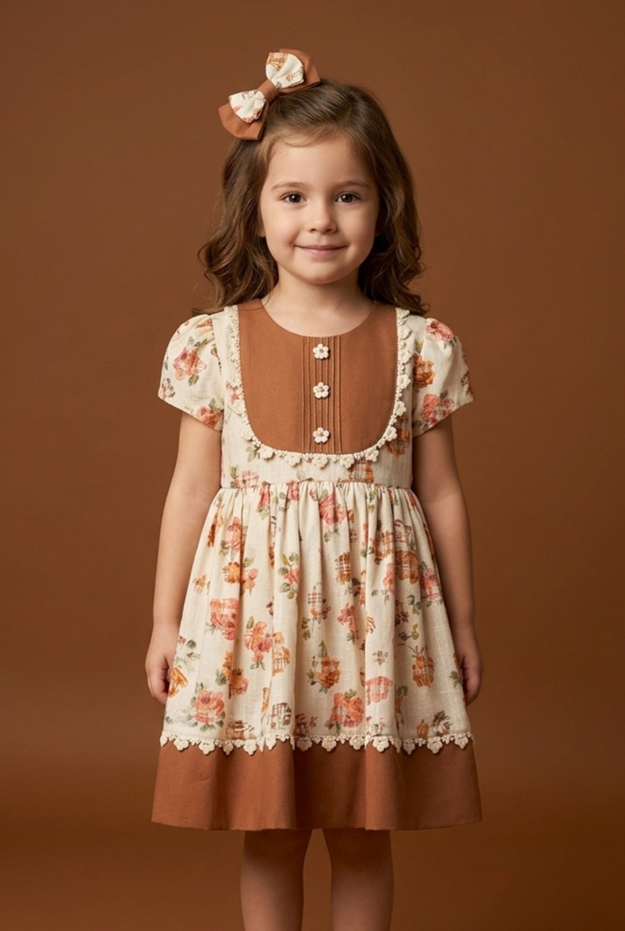 GLR Kahve Krem Kız Çocuk Elbisesi ve Tokası