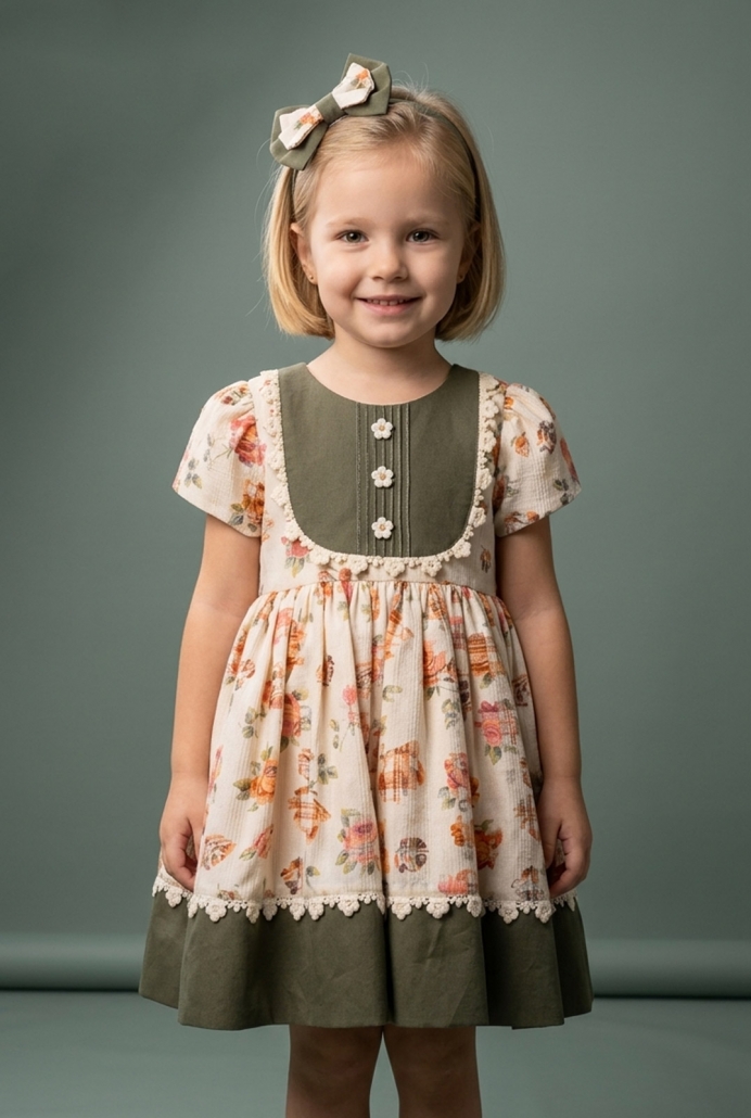 GLR Yeşil Krem Kız Çocuk Elbisesi ve Tokası