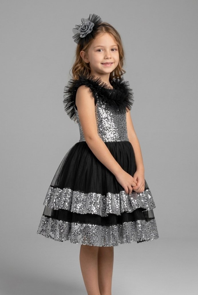 Gümüş Siyah Tül Detay Kız Çocuk Elbisesi ve Tokası