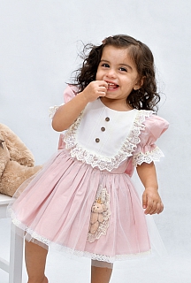 Ipek 5-10 Yaş Ayıcıklı Pudra Pembe Çocuk Elbisesi Ve Saç Tokası