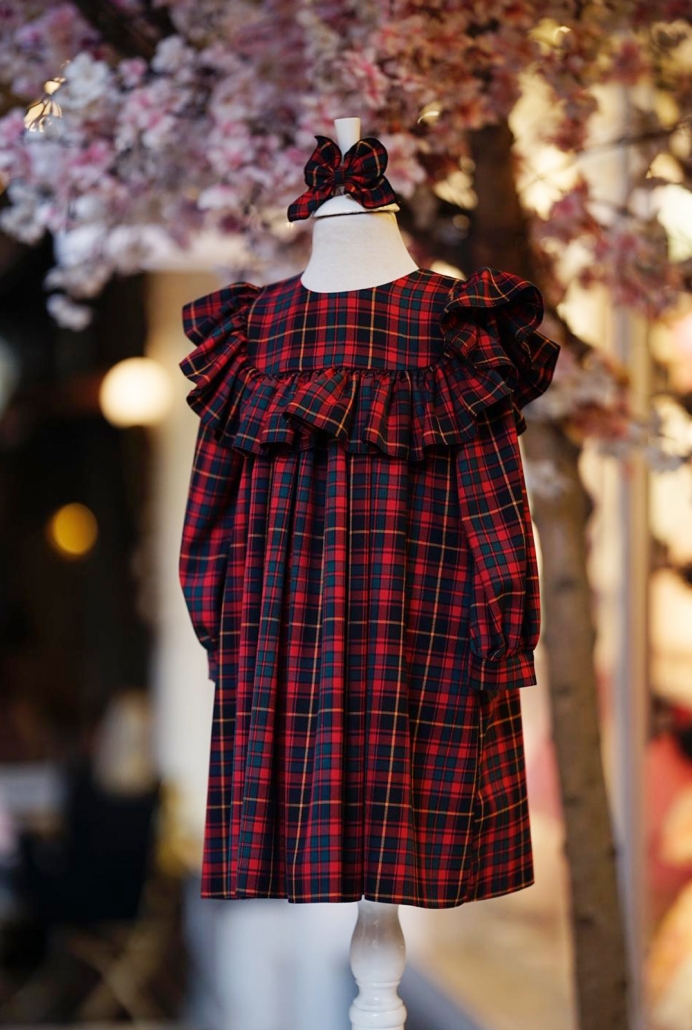 Kırmızı Lacivert Ekose Çocuk Elbisesi ve Tokası