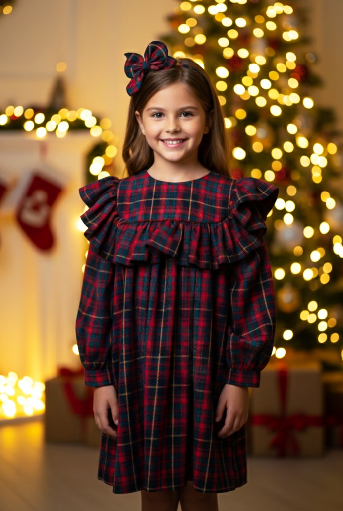 Kırmızı Lacivert Ekose Çocuk Elbisesi ve Tokası