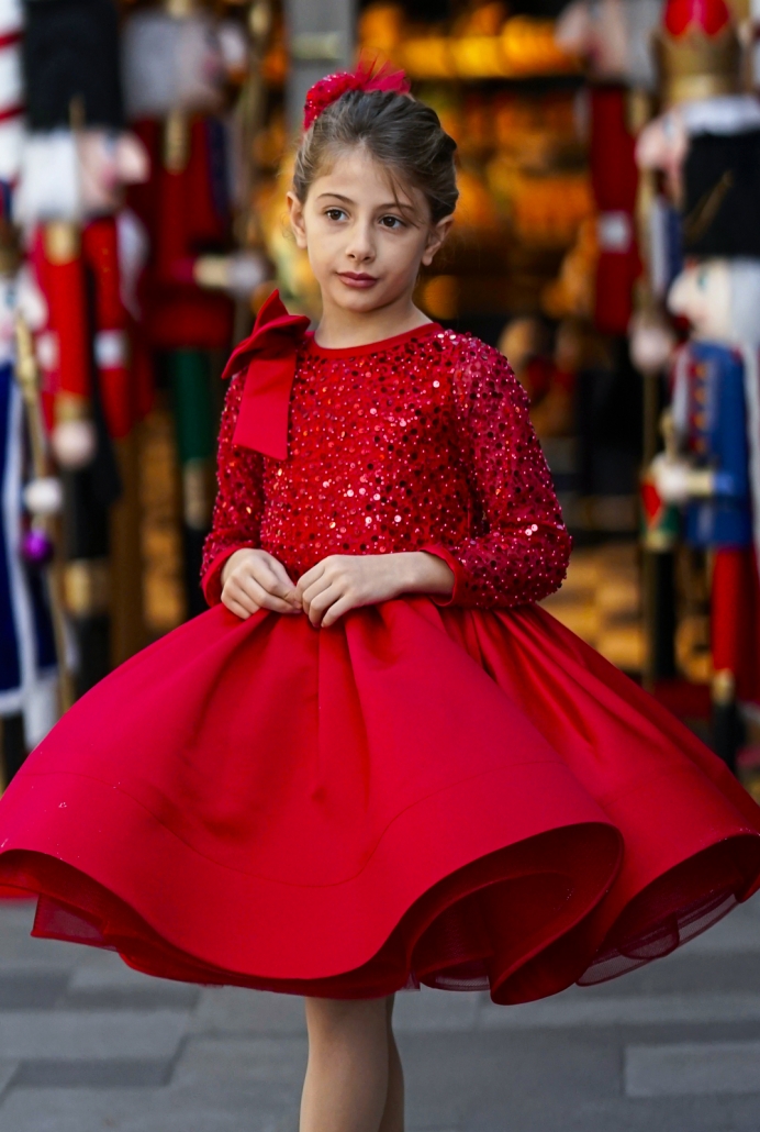 Kırmızı Payet Beden Fiyonk Omuz Kız Çocuk Elbisesi ve Tokası