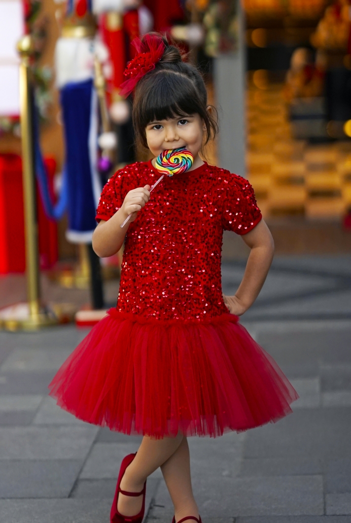 Kırmızı Payet Beden Tütü Etekli Çocuk Elbise ve Tokası