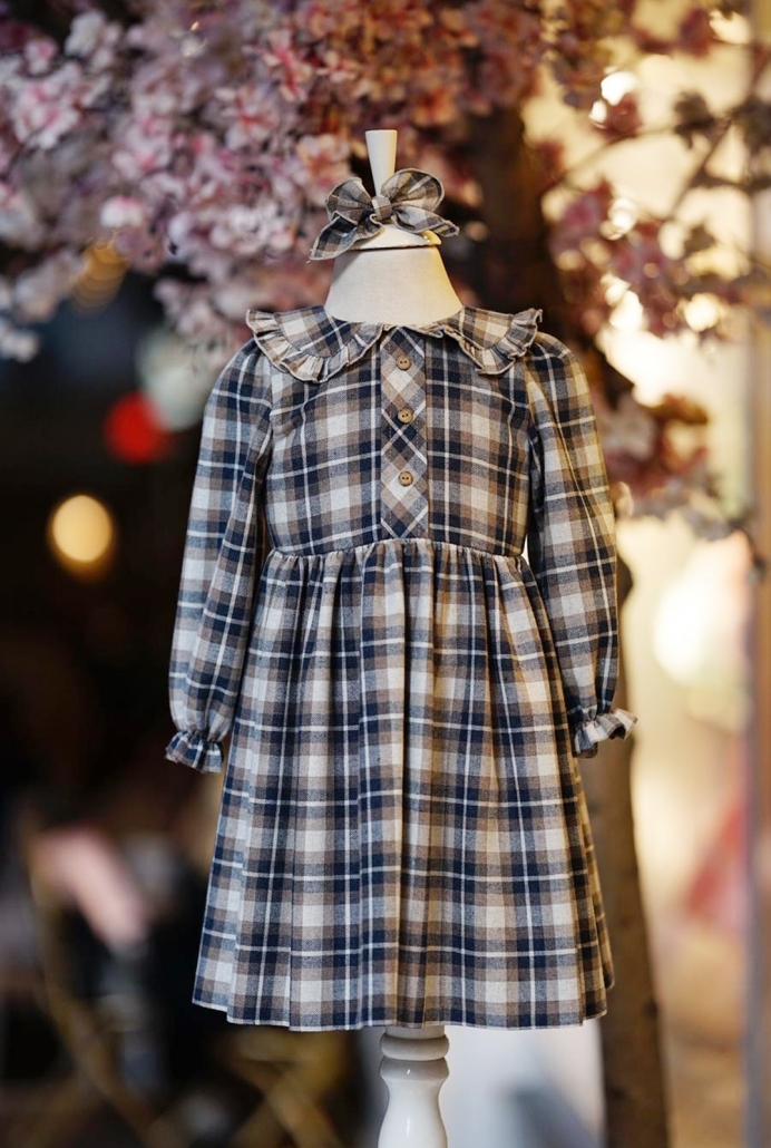 Lacivert Gri Ekose Çocuk Elbisesi ve Tokası