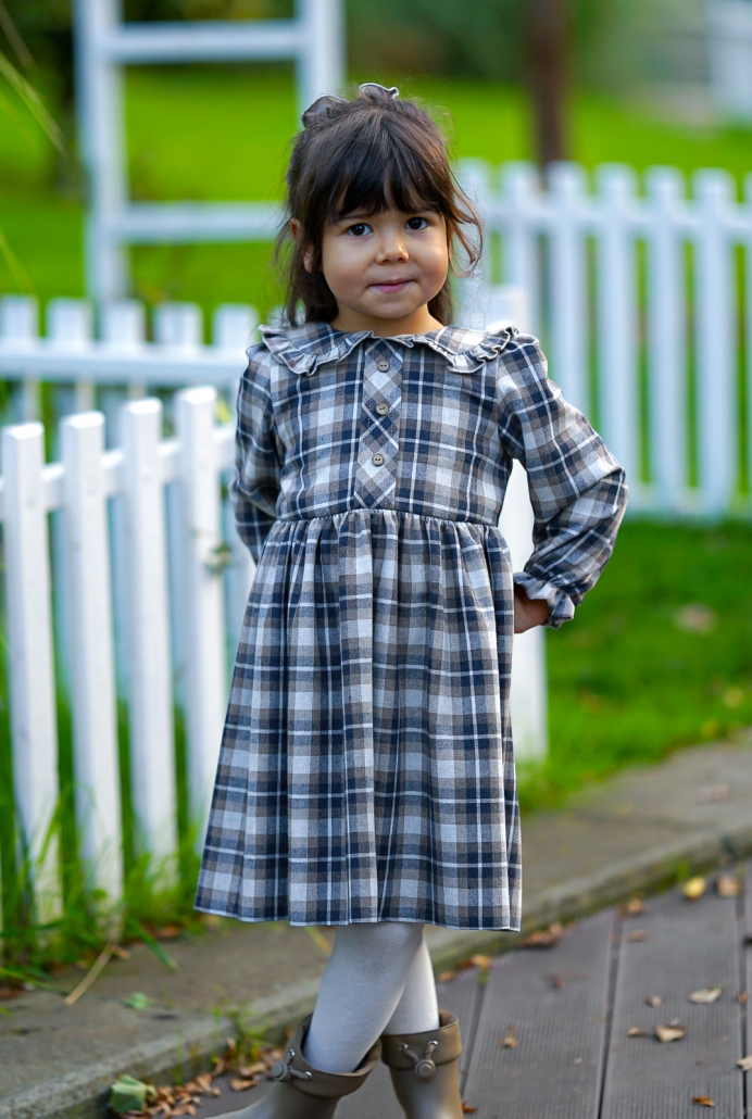 Lacivert Gri Ekose Çocuk Elbisesi ve Tokası