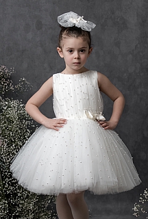 Lara 4-10 Yaş İnci Tül Kısa Etek Beyaz Elbise
