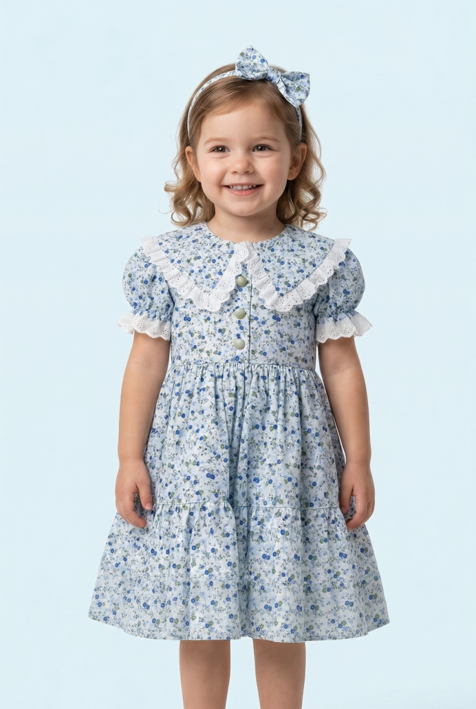Melisa Mavi Beyaz Büyük Yaka Kız Çocuk Elbisesi ve Tokası
