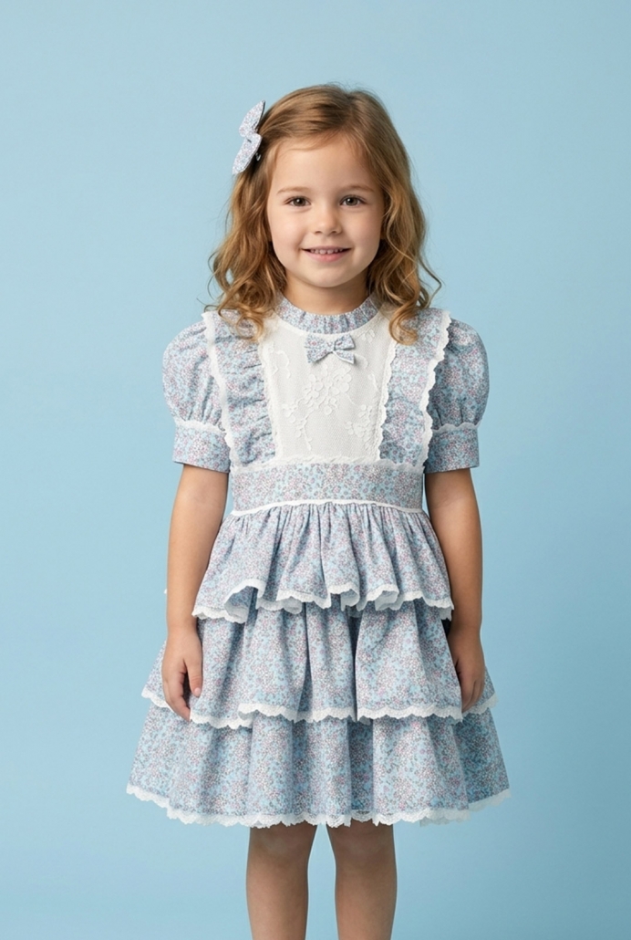 Meryem Mavi Çiçek Desen Kat Etekli Çocuk Elbisesi ve Tokası