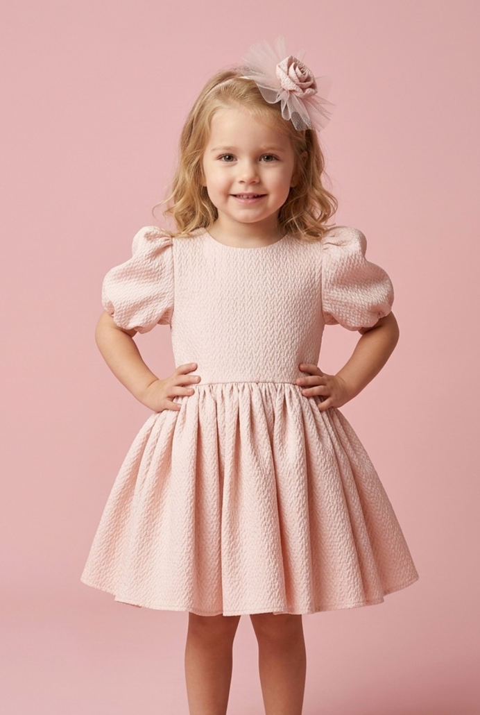 Mihrima Pudra Kendinden Desenli Çocuk Elbisesi ve Tokası