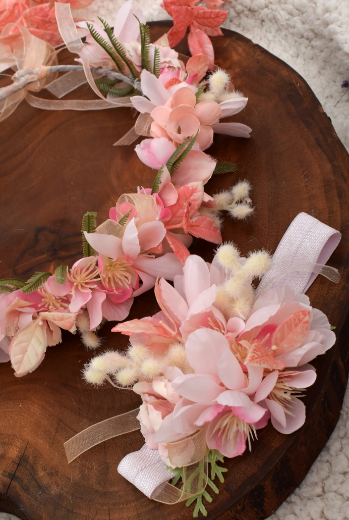 Model No:51TB-P Anne Bebek Soft Pembe Tonları Çiçek Süslemeli Çelenk Tacı ve Bebek Saç Bandı Takımı