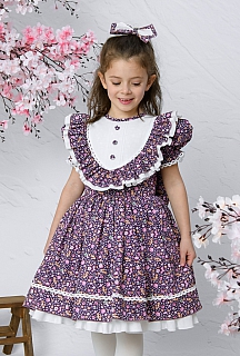 Nehir 1-10 Yaş Mor Çiçek Desen Çocuk Elbisesi ve Saç Tokası