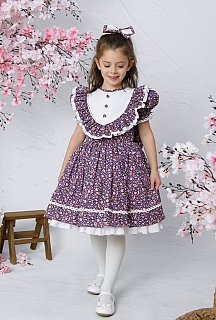 Nehir 1-10 Yaş Mor Çiçek Desen Çocuk Elbisesi ve Saç Tokası