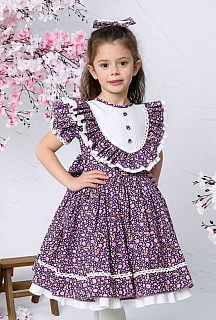 Nehir 1-10 Yaş Mor Çiçek Desen Çocuk Elbisesi ve Saç Tokası