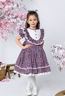Nehir 1-10 Yaş Mor Çiçek Desen Çocuk Elbisesi ve Saç Tokası
