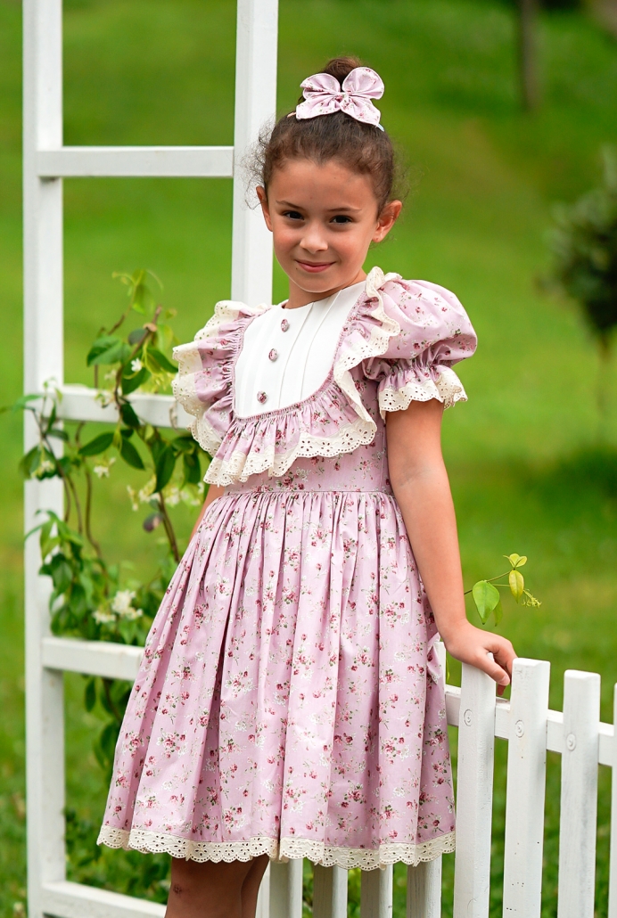 NİSAN ADA PEMBE ÇİÇEK DESEN ÇOCUK ELBİSESİ VE SAÇ TOKASI