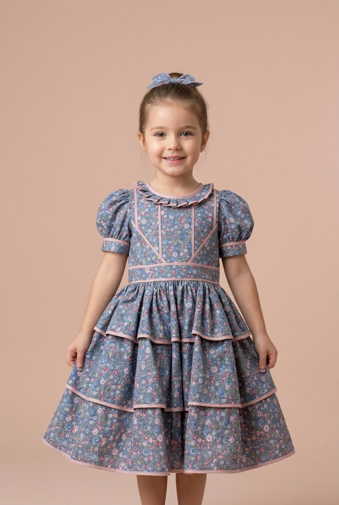 Simge Pembe Çizgi Desen 3 Kat Etek Kız Çocuk Elbisesi ve Tokası