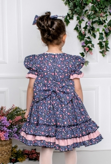Selin 5-10 Yaş Lacivert Pembe Çiçekli Çocuk Elbisesi Ve Saç Tokası