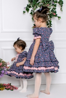 Selin 5-10 Yaş Lacivert Pembe Çiçekli Çocuk Elbisesi Ve Saç Tokası
