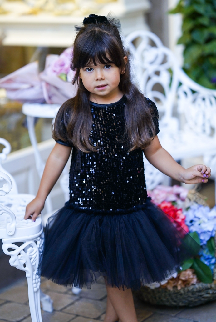 Siyah Payet Beden Tütü Etekli Çocuk Elbise ve Tokası