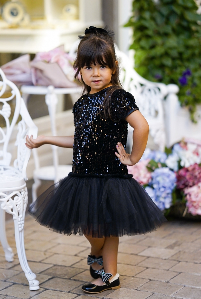 Siyah Payet Beden Tütü Etekli Çocuk Elbise ve Tokası