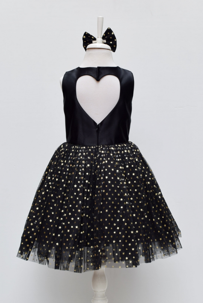 Siyah Yıldız Desen Tütü Etekli Kalp Sırt Dekolte Çocuk Elbisesi ve Saç Tokası