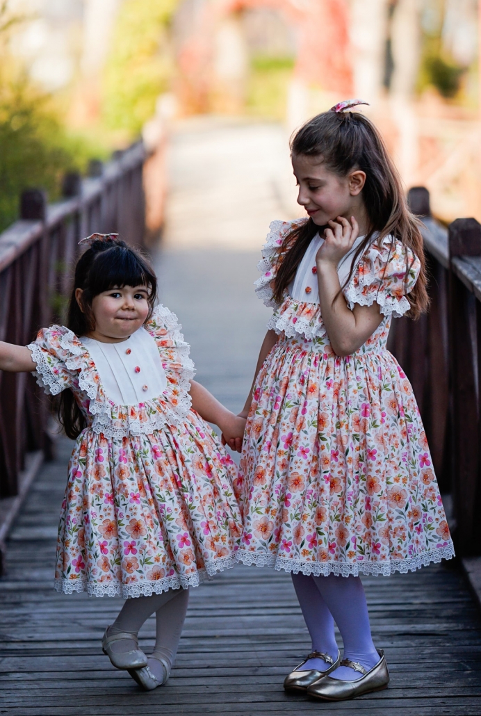 Summer Turuncu Pembe Çiçek Desen Çocuk Elbisesi ve Tokası