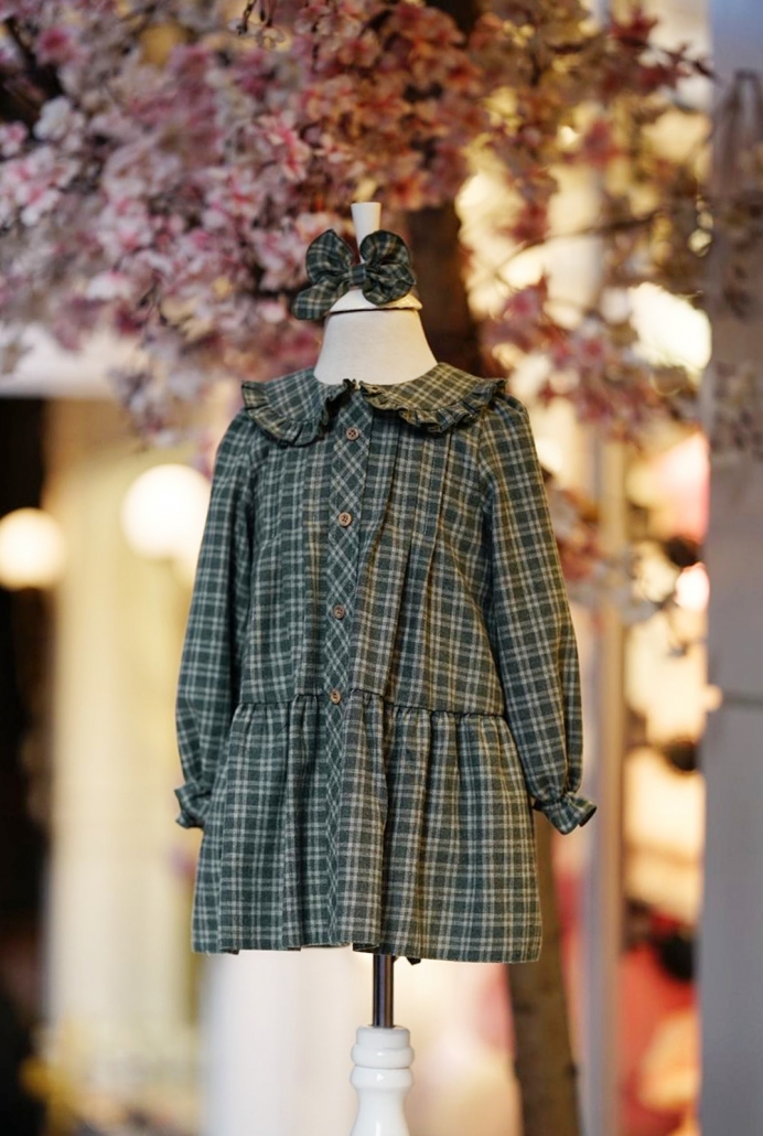 Yeşil Ekose Çocuk Elbisesi ve Tokası