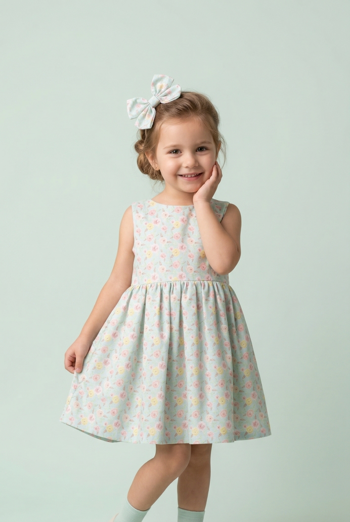Aysima Yeşil Pembe Çiçek Desen Kız Çocuk Elbise ve Tokası